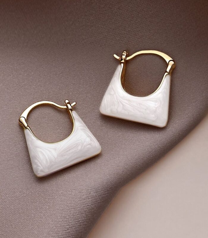 Marbled White Enamel Trapeze Hoop Earrings