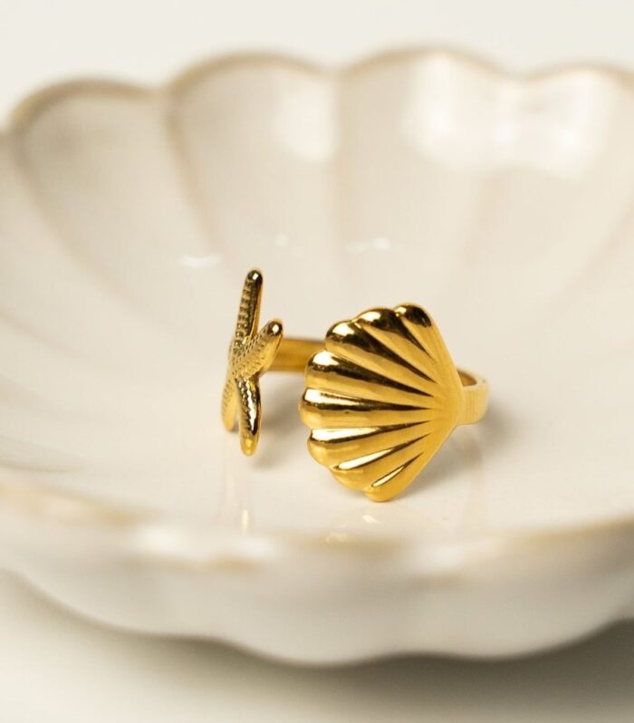 Golden Seashell & Starfish Open Ring