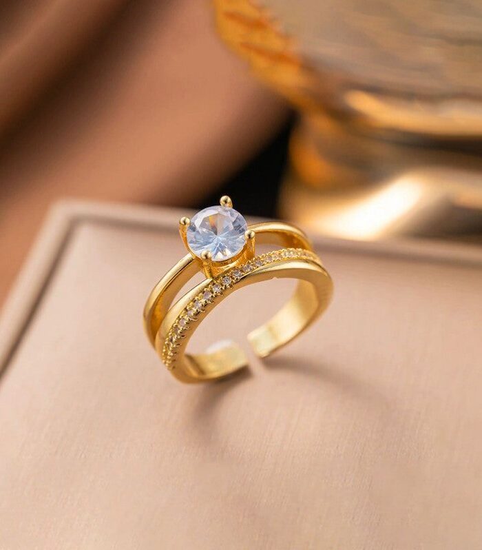 Dual-Band Gold Ring with Solitaire Crystal Accent