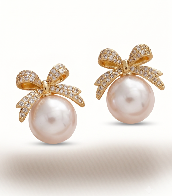 Pearl Bow Stud Earrings with Cubic Zirconia